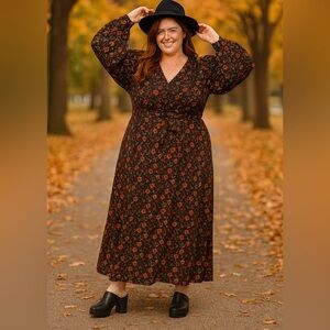 Lane Bryant Floral Maxi Dress Black Fall Print Long Sleeve Size 14